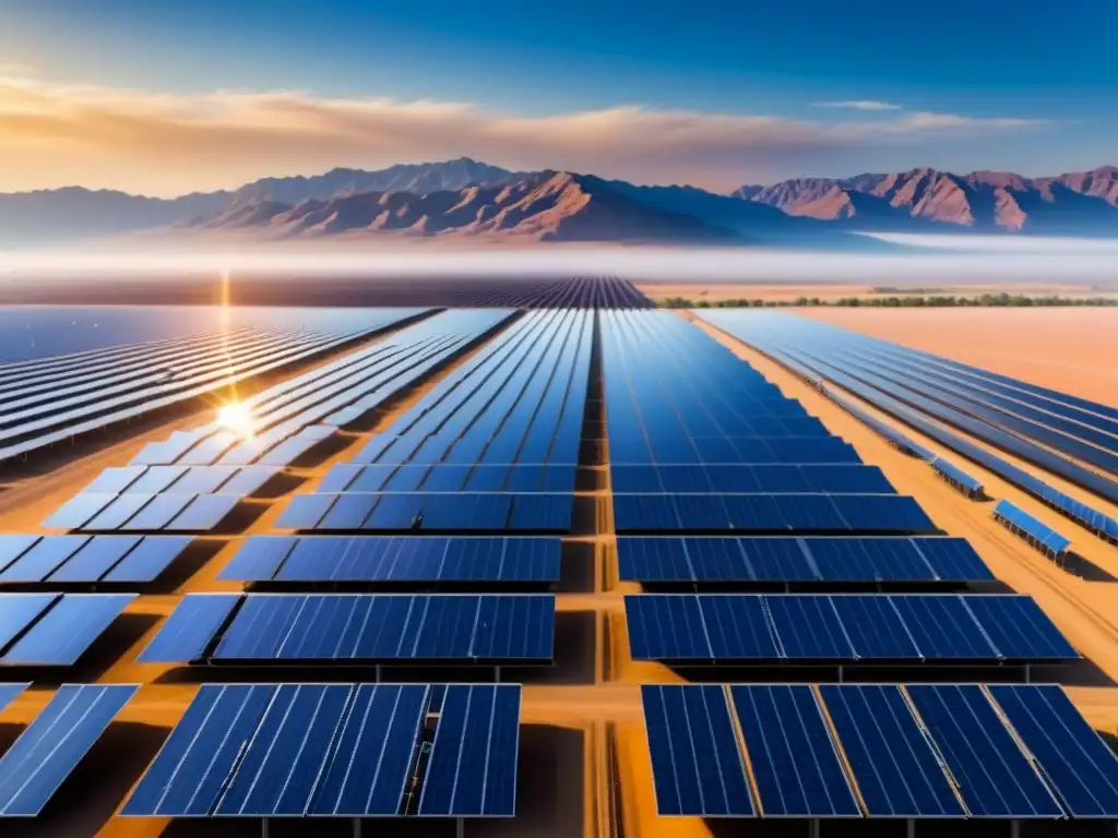 Una impresionante granja solar en un desierto bajo un cielo azul claro