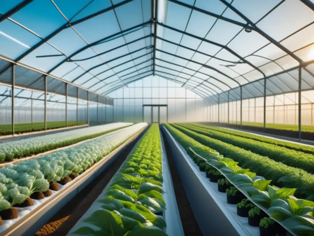 Una impresionante imagen detallada de un invernadero moderno lleno de cultivos verdes bajo luces LED especiales, rodeado de campos exuberantes