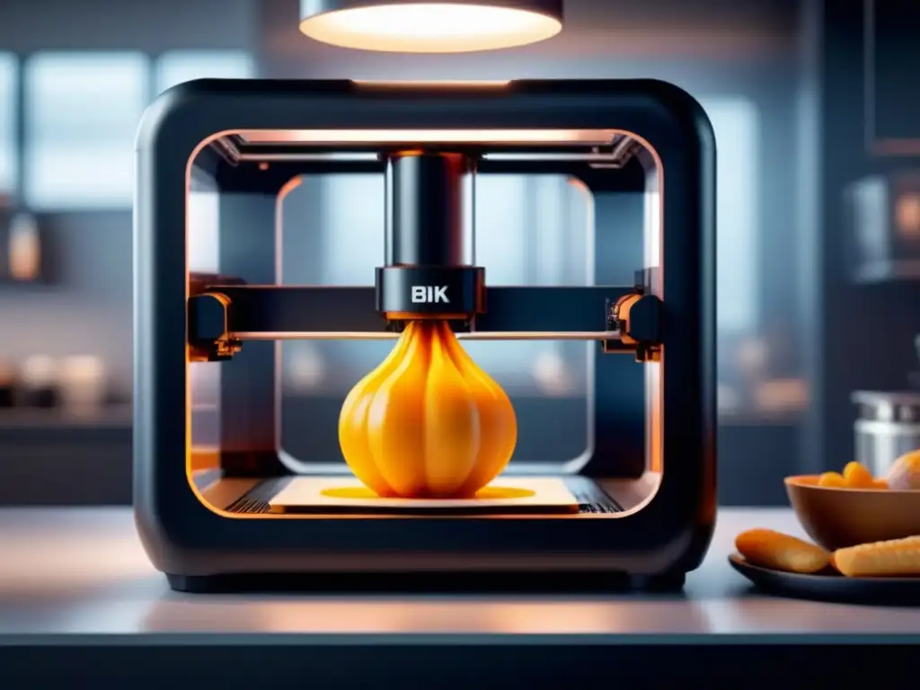 Una impresionante impresión 3D de alimentos personalizados en acción, destacando tecnología innovadora y diseño vibrante