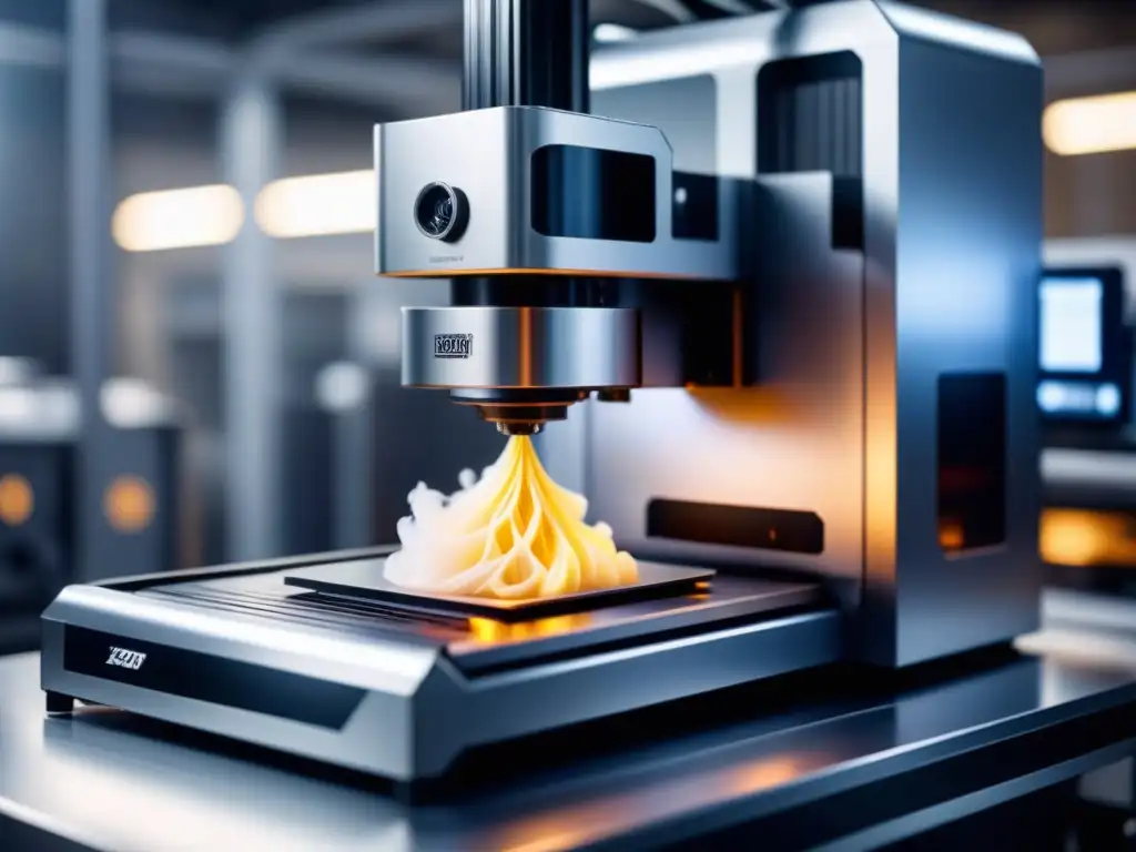 Innovación en acción: Impresión 3D metálica de precisión Una impresionante impresora 3D plateada en acción, creando componentes metálicos con precisión en un entorno industrial futurista y avanzado
