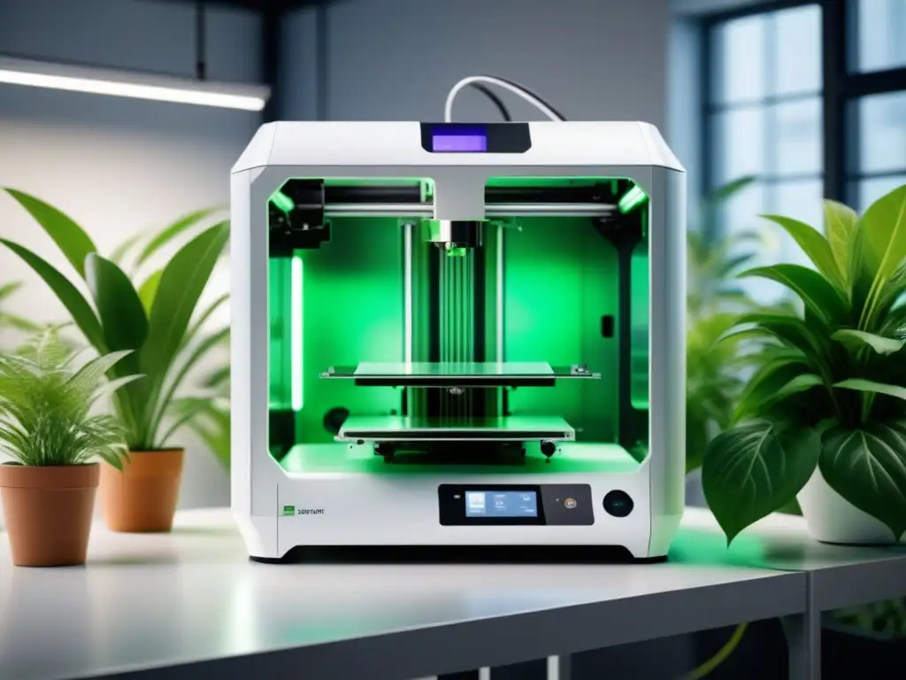 Una impresionante impresora 3D sostenible en un entorno industrial moderno y elegante, rodeada de plantas verdes exuberantes