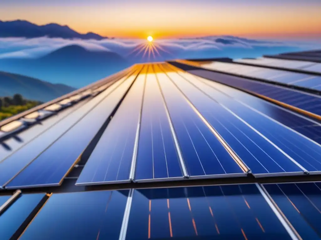 Impresionante instalación de paneles solares en un día claro, reflejando la luz del sol en un patrón geométrico