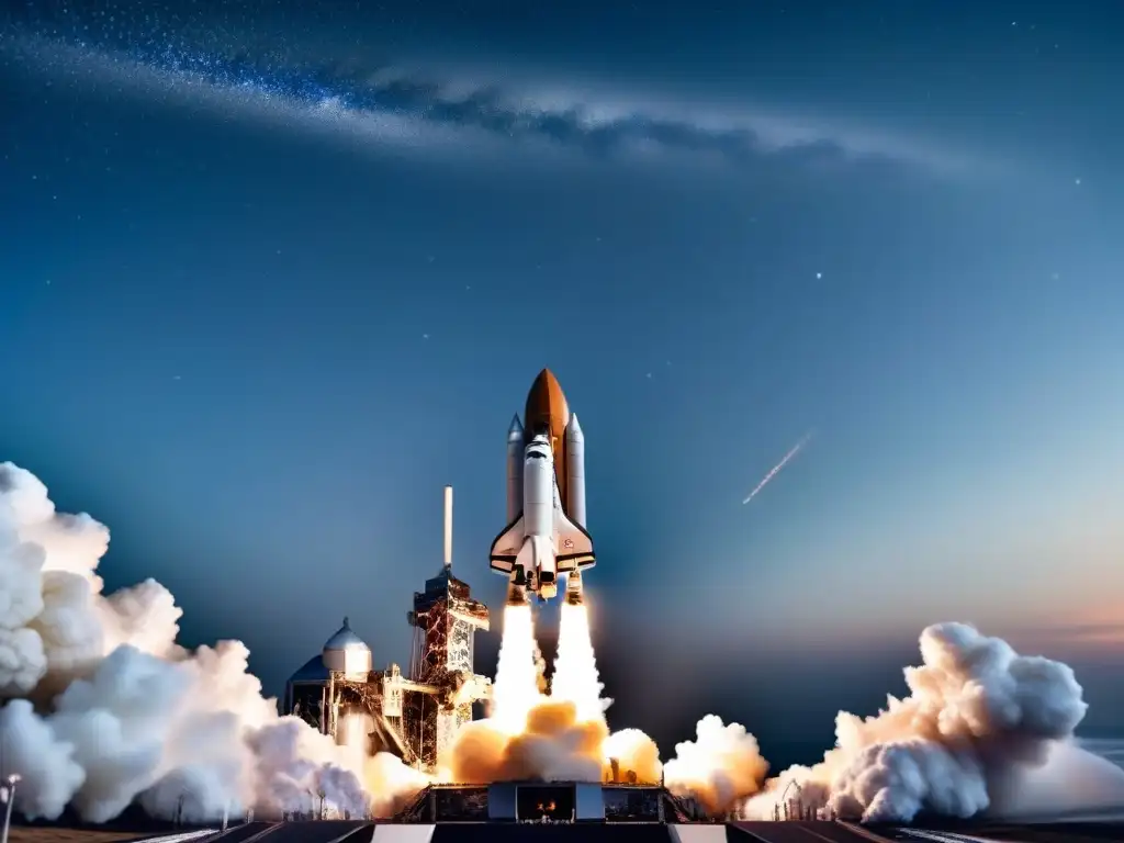 Exploración espacial: Lanzamiento de nave futurista al cosmos Un impresionante lanzamiento de transbordador espacial hacia las estrellas, resaltando las políticas públicas de exploración espacial