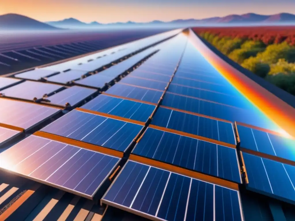 Una impresionante matriz de paneles solares futuristas con nanotecnología en energías renovables eficientes, brillando bajo el sol