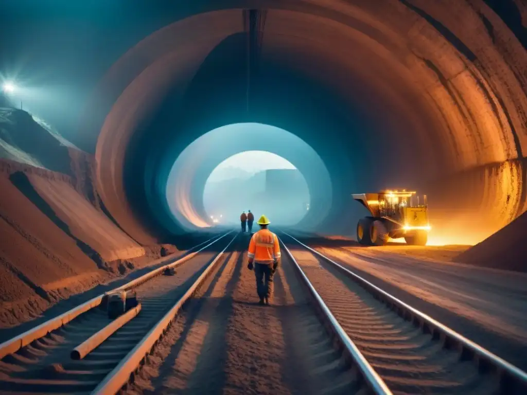 Impresionante operación minera subterránea con túneles, maquinaria pesada y trabajadores, todo bañado en una suave luz etérea