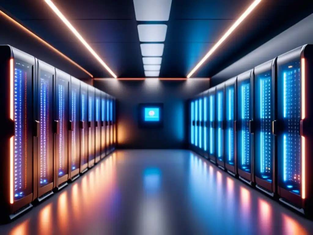 Un impresionante montaje de supercomputadoras modernas en una sala tenue, con luces LED parpadeantes y diseño futurista, destacando la innovación en ciberseguridad en computación de alto rendimiento