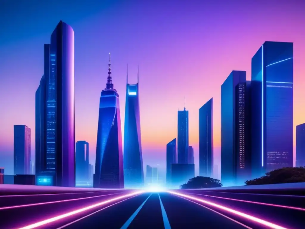 Impresionante paisaje urbano futurista al atardecer con rascacielos iluminados y patrones detallados