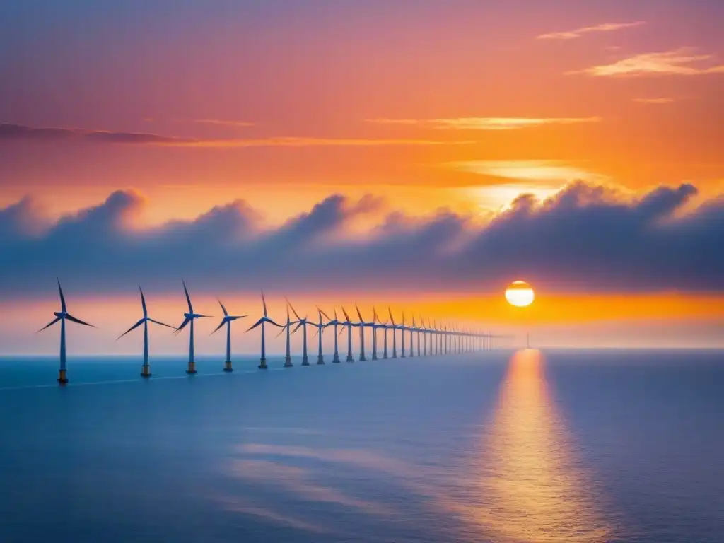 Un impresionante parque eólico marino al atardecer, con turbinas blancas frente al cielo colorido y el mar tranquilo