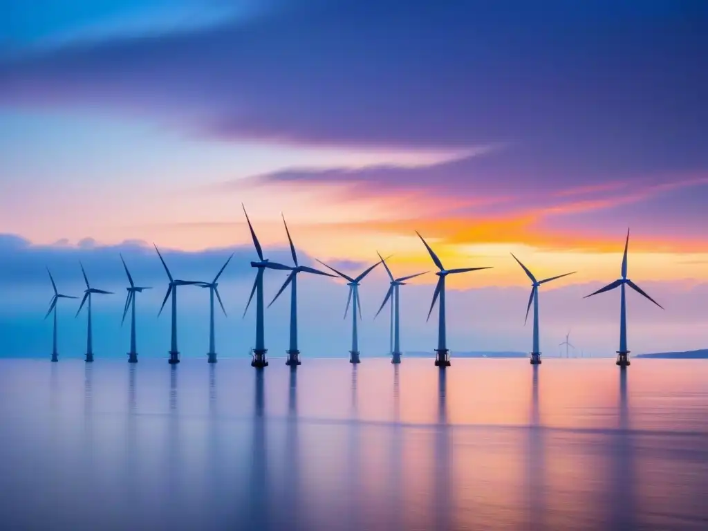 Un impresionante parque eólico marino al atardecer, reflejando el liderazgo en energía eólica offshore