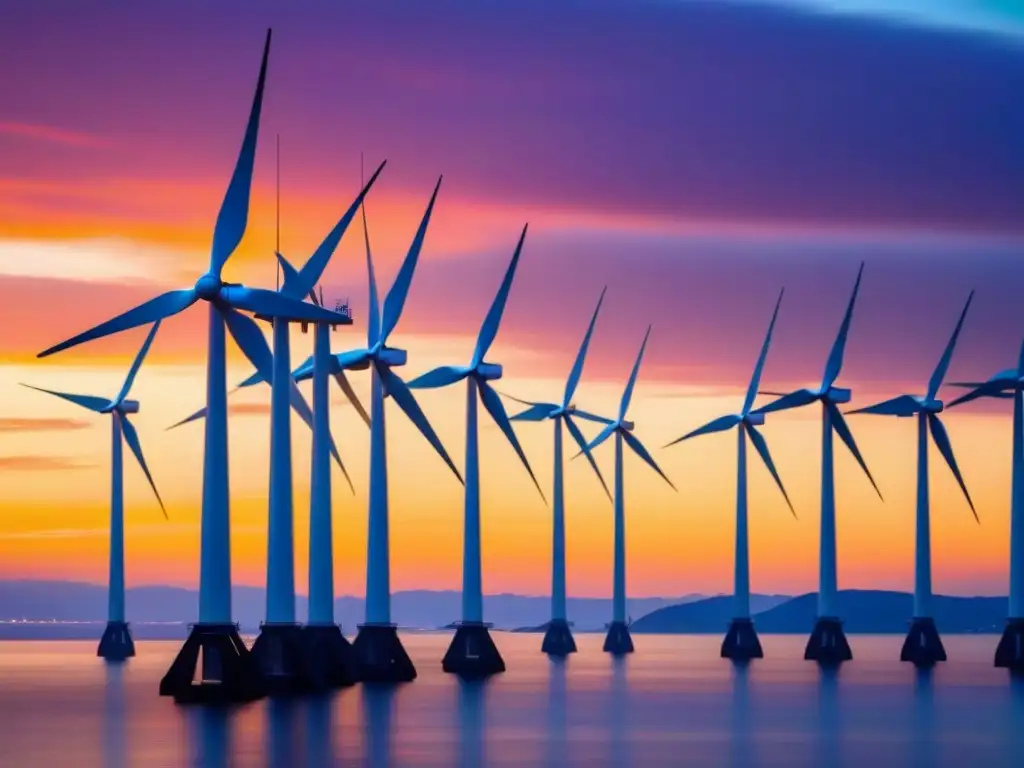 Un impresionante parque eólico marino al atardecer, con turbinas blancas en perfecta alineación, simbolizando el liderazgo en energía eólica offshore