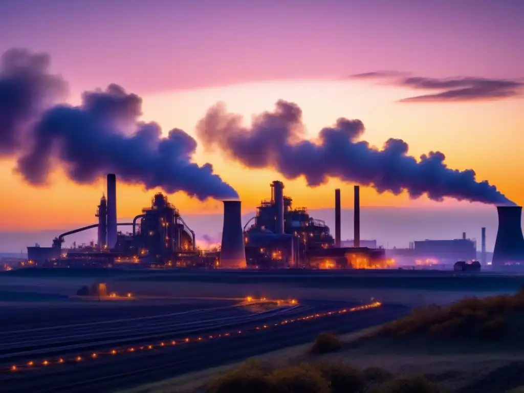 Impresionante planta industrial al atardecer, con maquinaria pesada en silueta bajo el sol