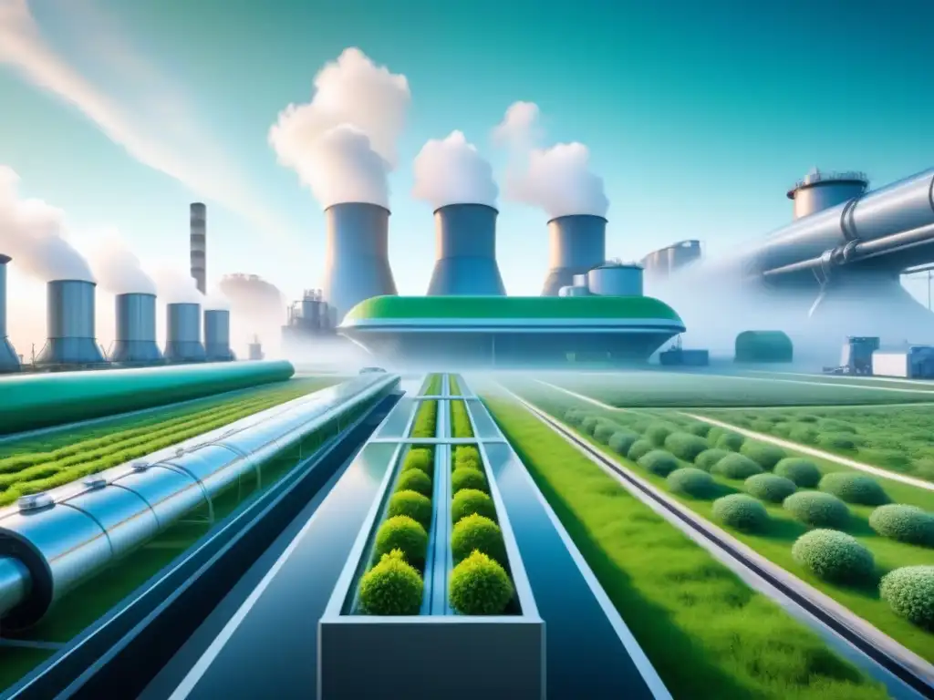 Impresionante ilustración de una planta de manufactura futurista, con maquinaria eficiente y sostenible integrada en el paisaje verde