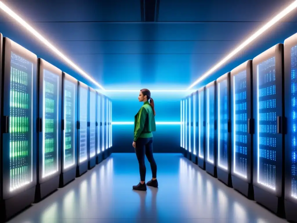 Impresionante sala de supercomputadoras futuristas con red digital brillante