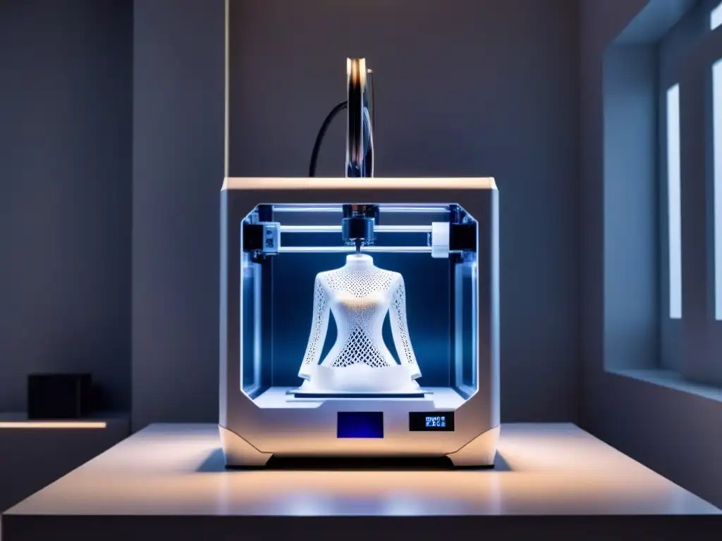 Una impresora 3D futurista creando moda personalizada con diseños complejos y detallados en un ambiente blanco y luminoso