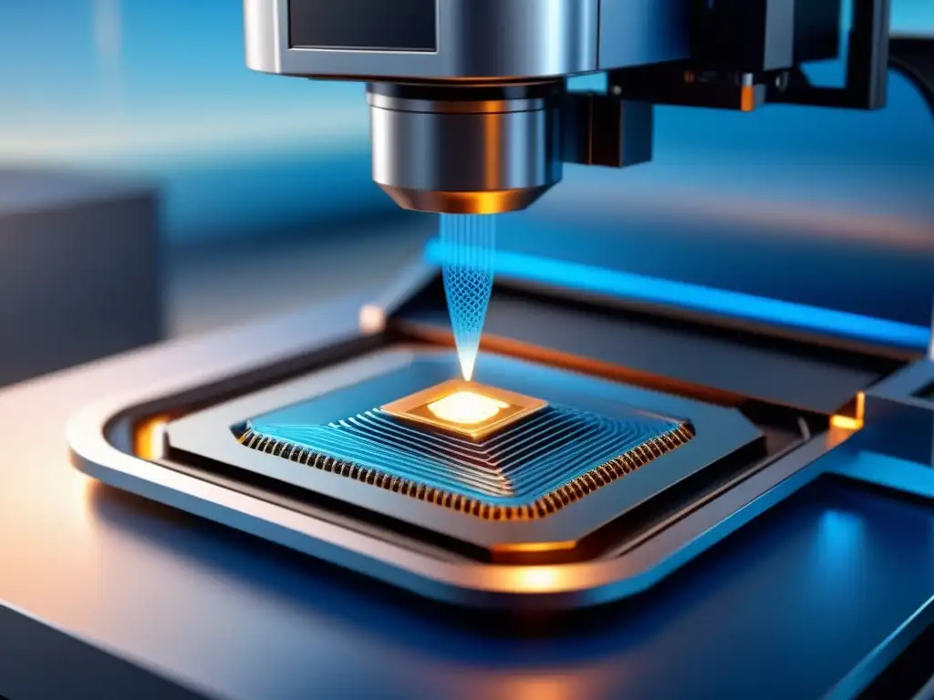 Avanzada impresión 3D de metal en acción Una impresora 3D de metales futurista en acción, con un diseño intrincado y detallado