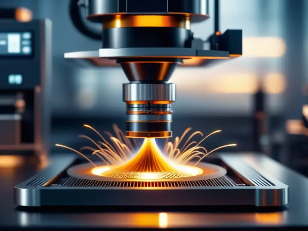 Impresora 3D metálica futurista creando objeto complejo con precisión Impresora 3D de metales futurista creando objeto detallado