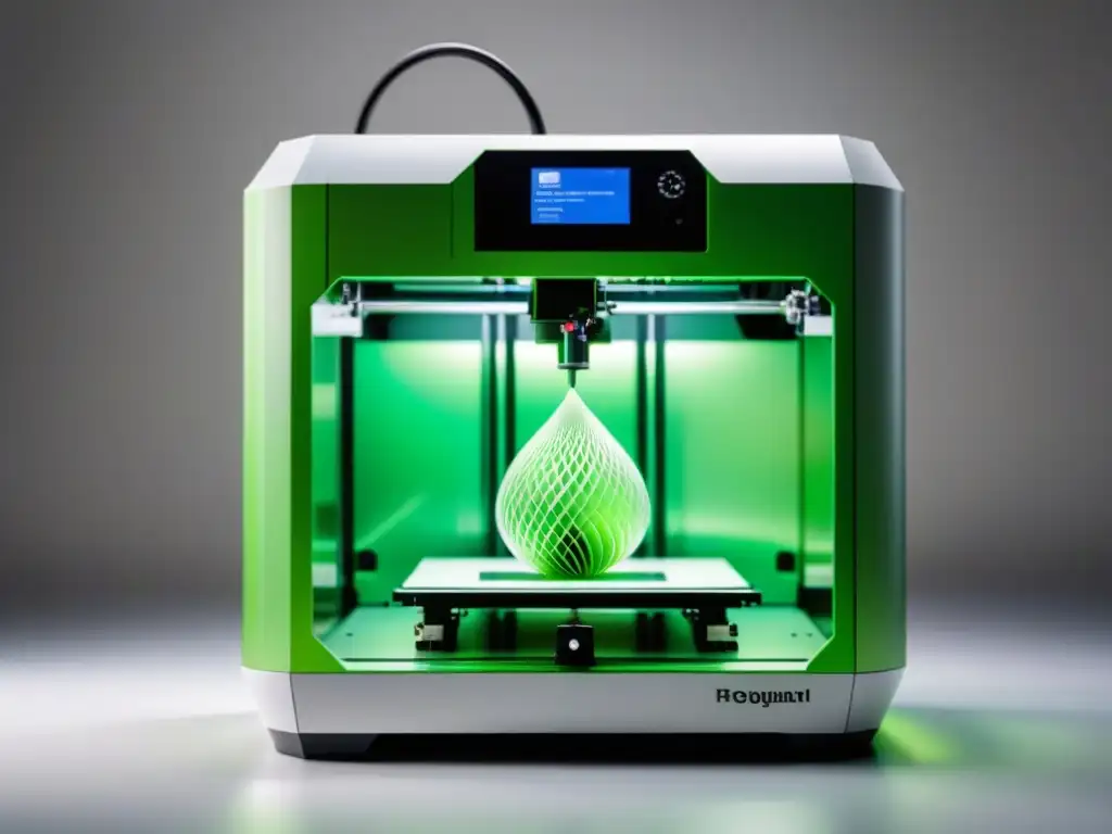 Impresora 3D moderna creando estructura con material verde sostenible