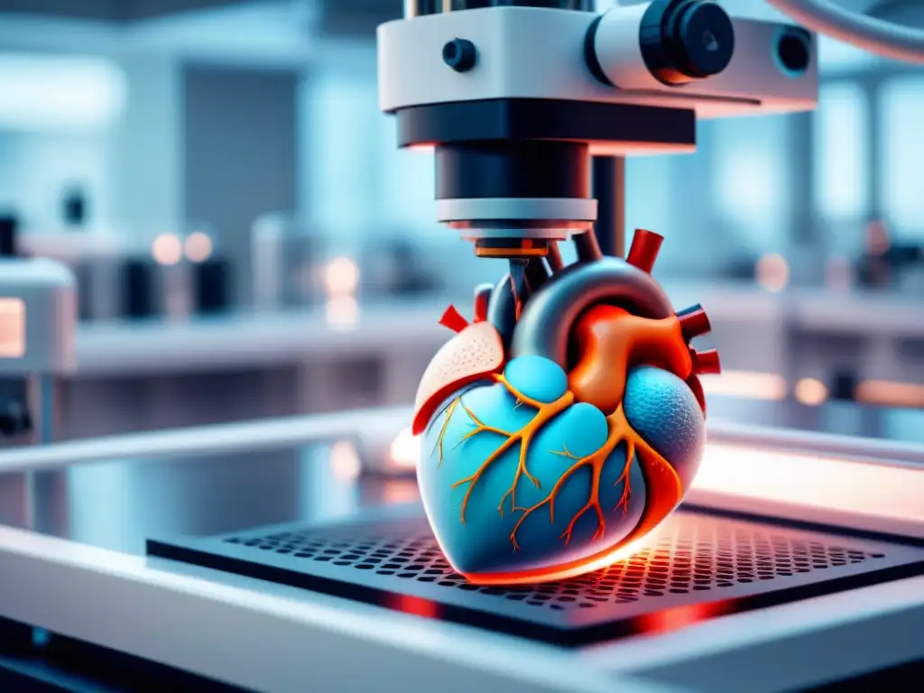 Increíble avance en bioimpresión de órganos: un corazón humano se crea con detalle en un laboratorio futurista blanco