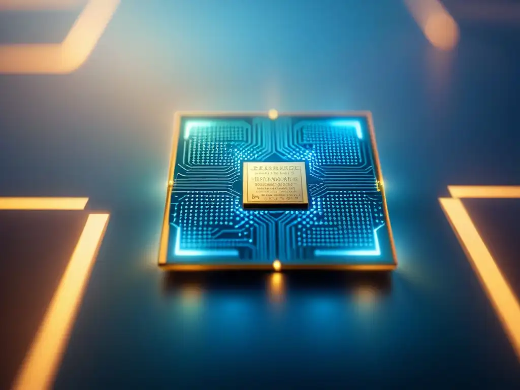 Increíble chip de computadora cuántica iluminado en azul, mostrando patrones de circuitos intrincados en metal brillante