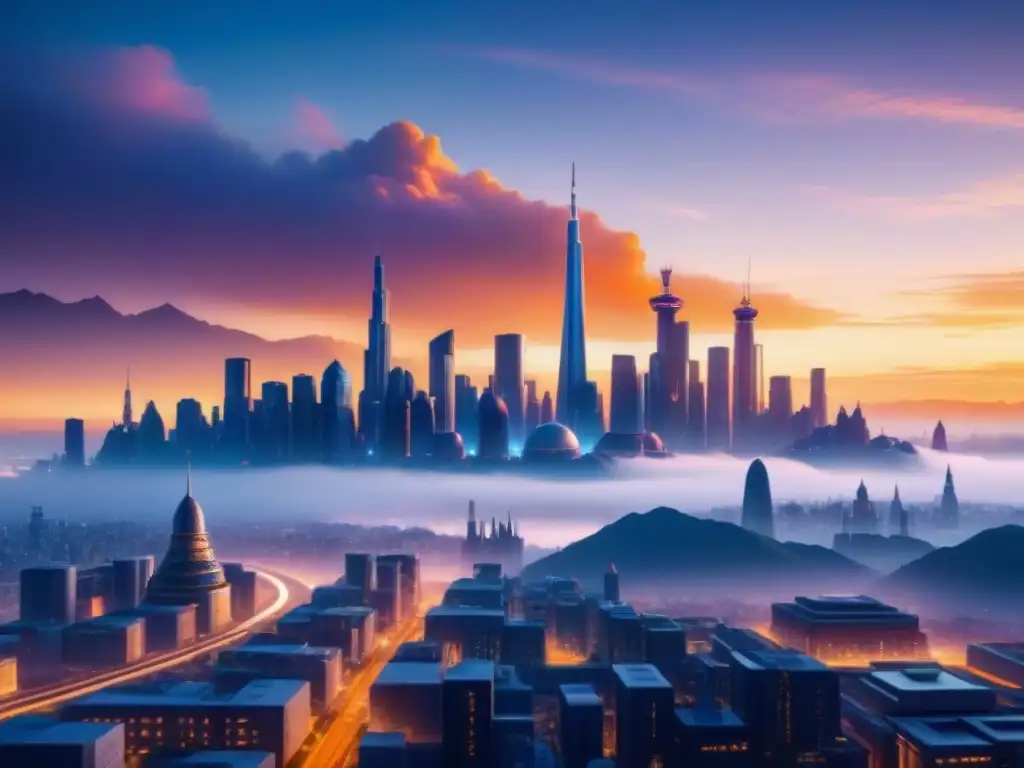 Increíble ciudad futurista al atardecer con edificios impresos en 3D