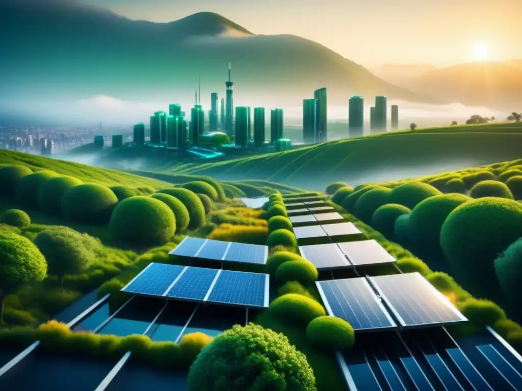 Increíble ciudad futurista con techos verdes y paneles solares en cada edificio, fusionando tecnología y sostenibilidad