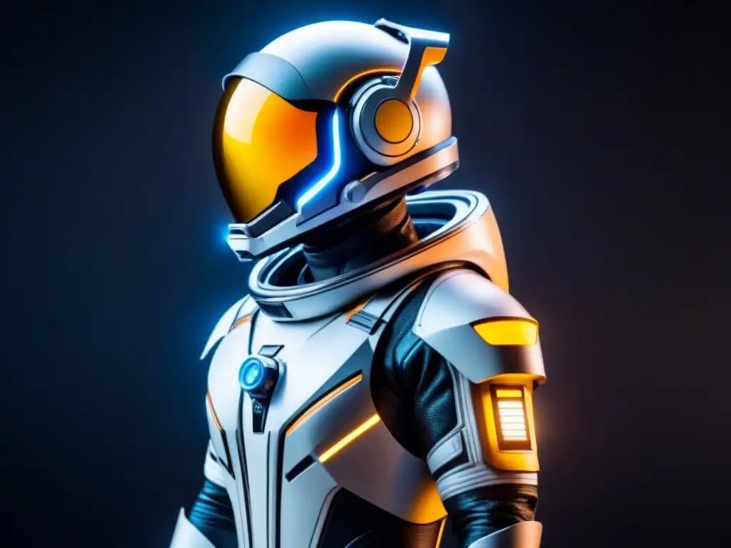 Traje espacial futurista con tecnología avanzada Increíble diseño futurista de traje espacial con tecnología avanzada y paneles LED brillantes en un fondo negro