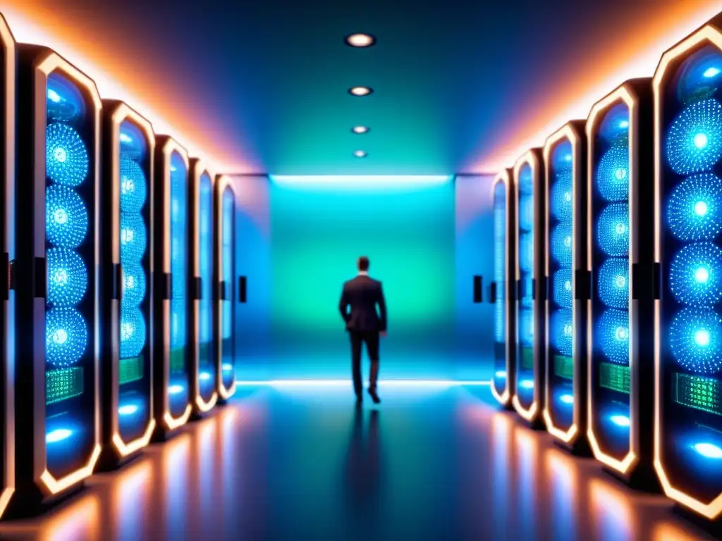 Supercomputadora futurista con seguridad avanzada en azul y verde Increíble supercomputadora futurista con patrones de circuitos brillantes en azul y verde, destacando la seguridad en sistemas computación alto