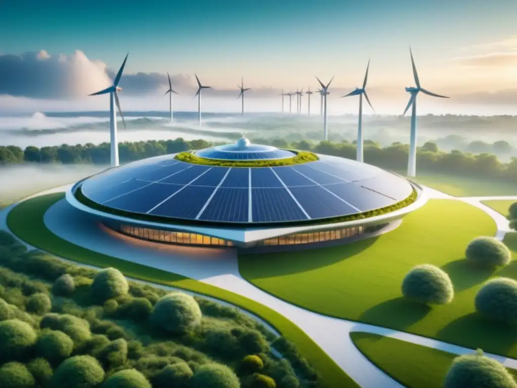 Industria aeroespacial y cambio climático: Fábrica futurista en paisaje verde, ecoamigable y vanguardista