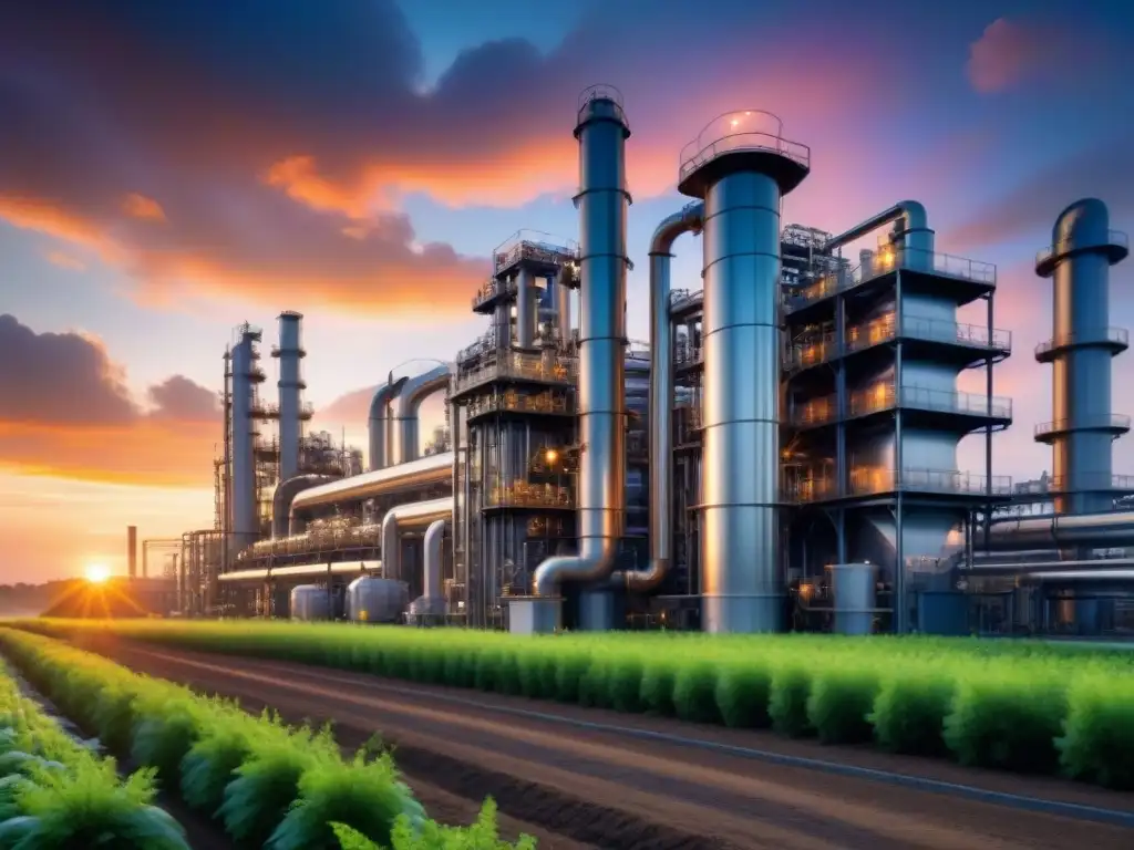 Automatización en la industria química: Planta química futurista con paisaje industrial y naturaleza vibrante al atardecer