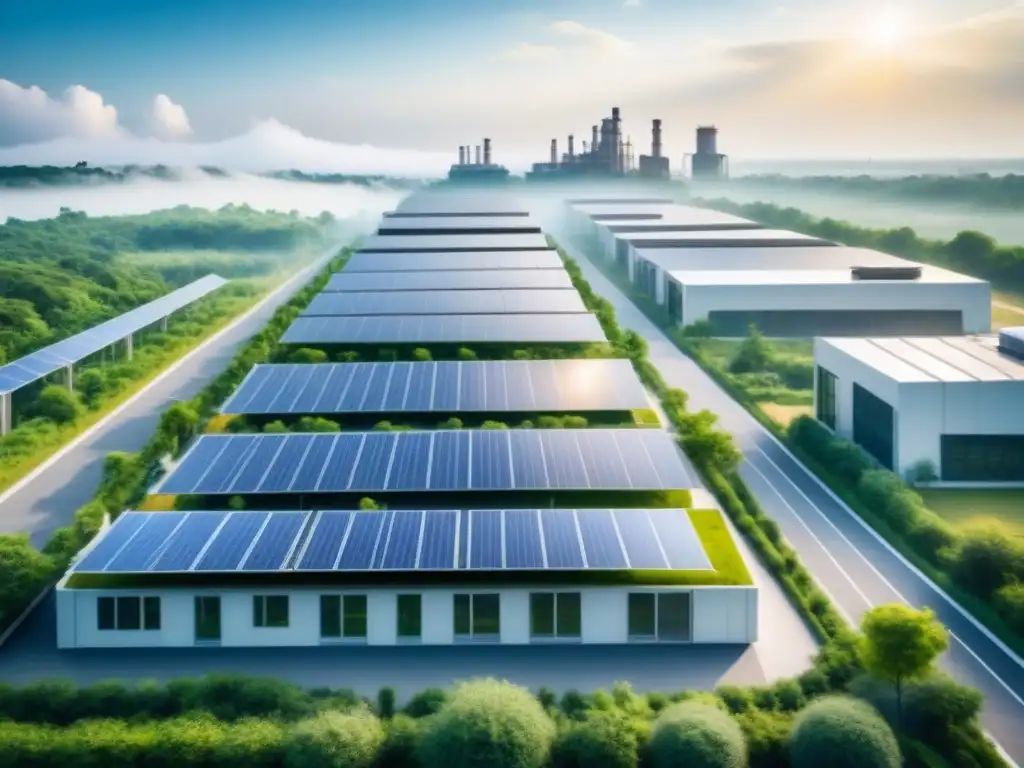 Industria pesada liderando sostenibilidad ambiental: complejo industrial moderno entre naturaleza y paneles solares brillantes al sol