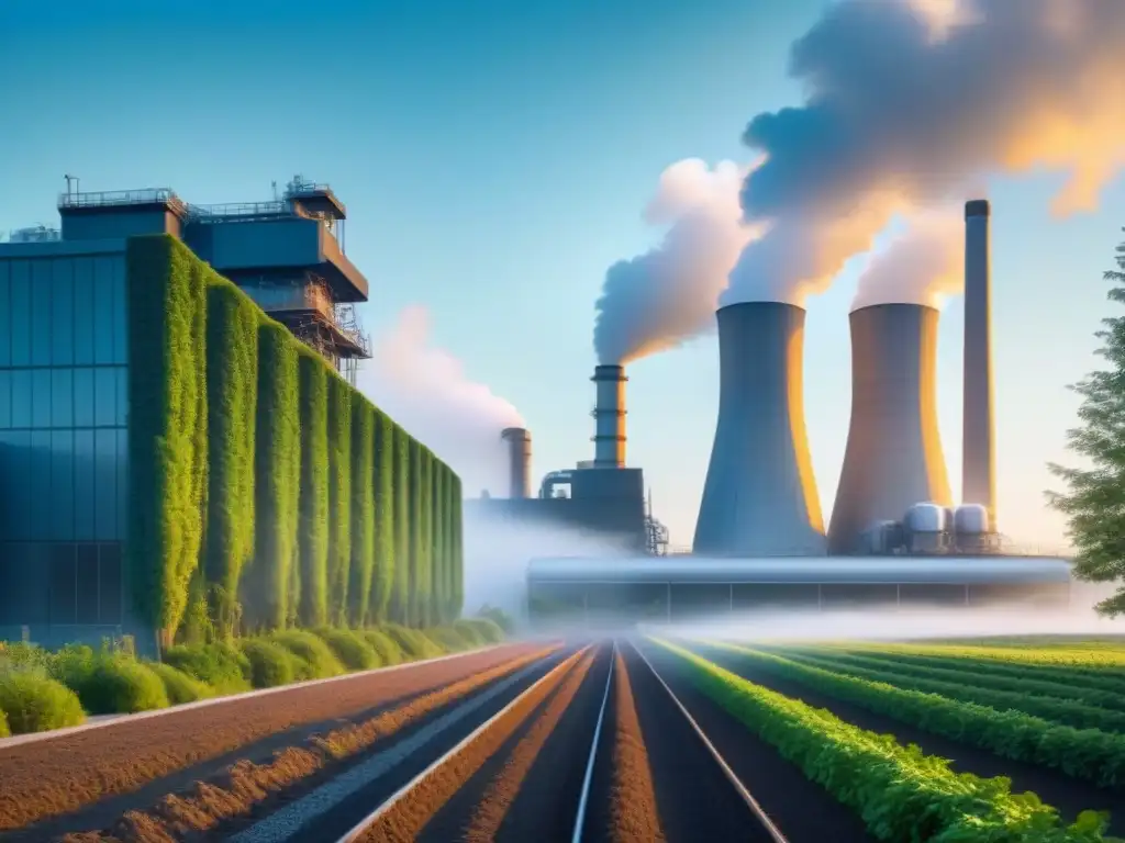Fábrica industrial con diseño moderno y energías renovables integradas, rodeada de vegetación
