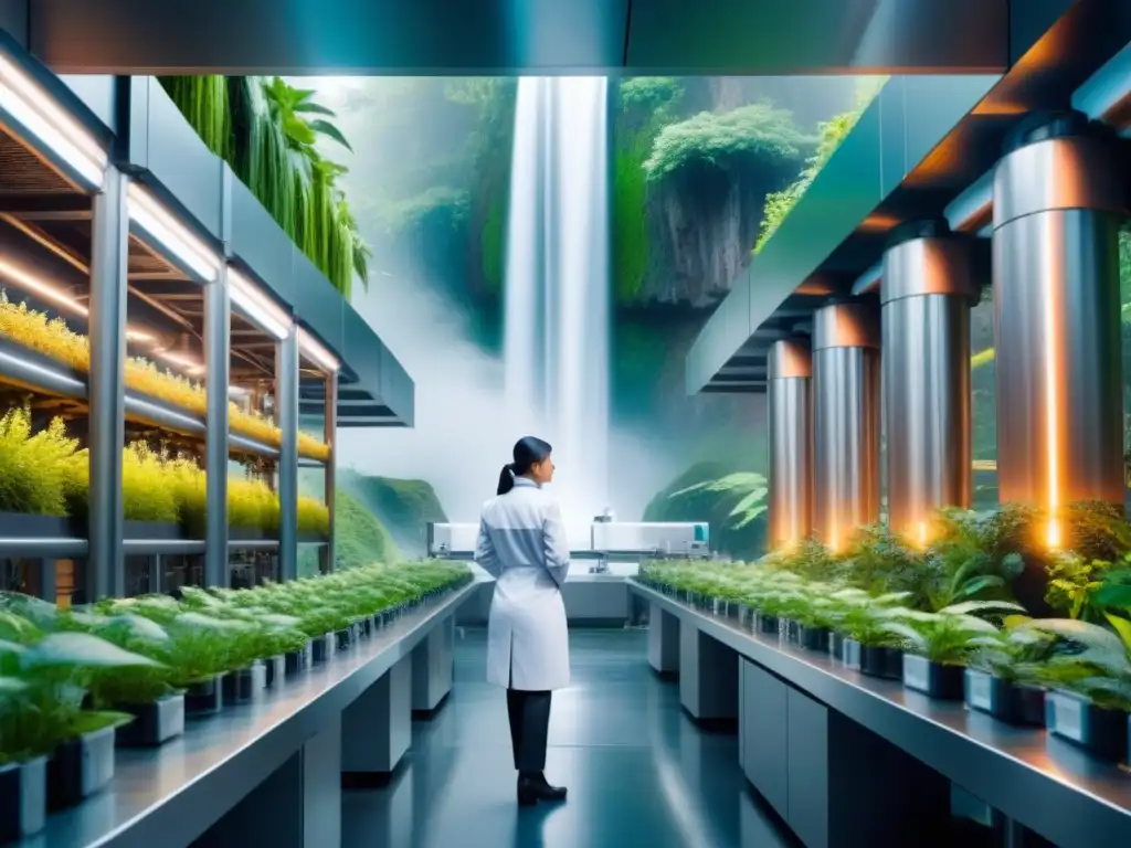 Instalación industrial futurista con biotecnología y biología sintética, fusionando tecnología y naturaleza en gestión de residuos industriales