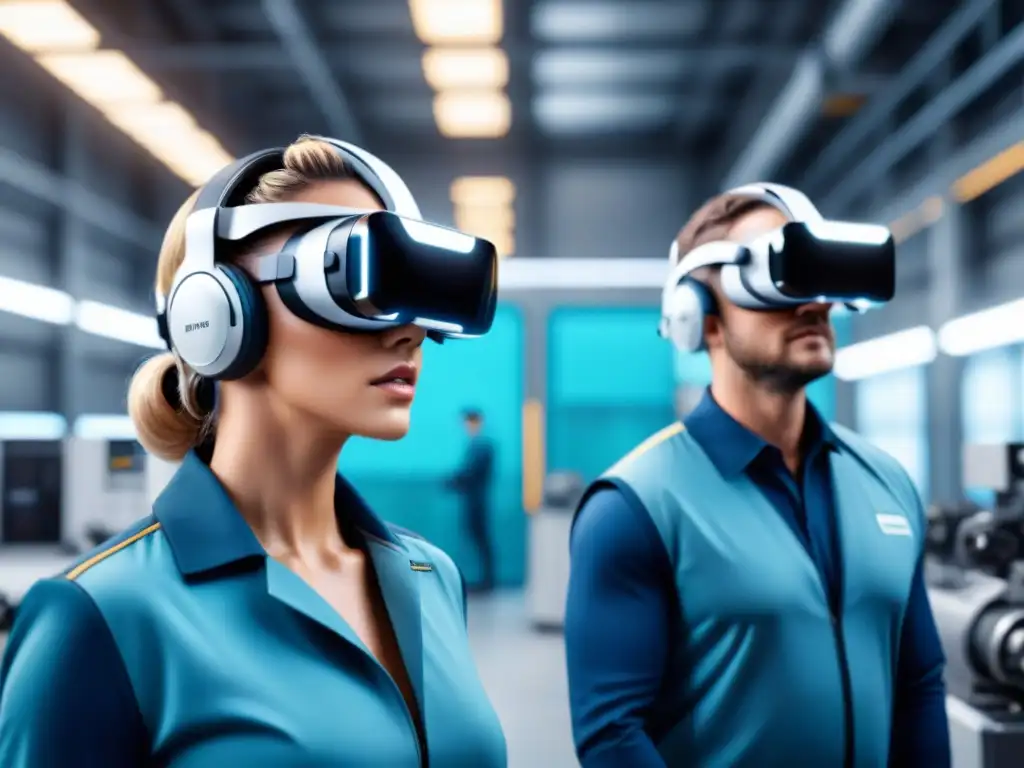 Instalación industrial futurista con trabajadores usando AR/VR en tareas de mantenimiento avanzadas