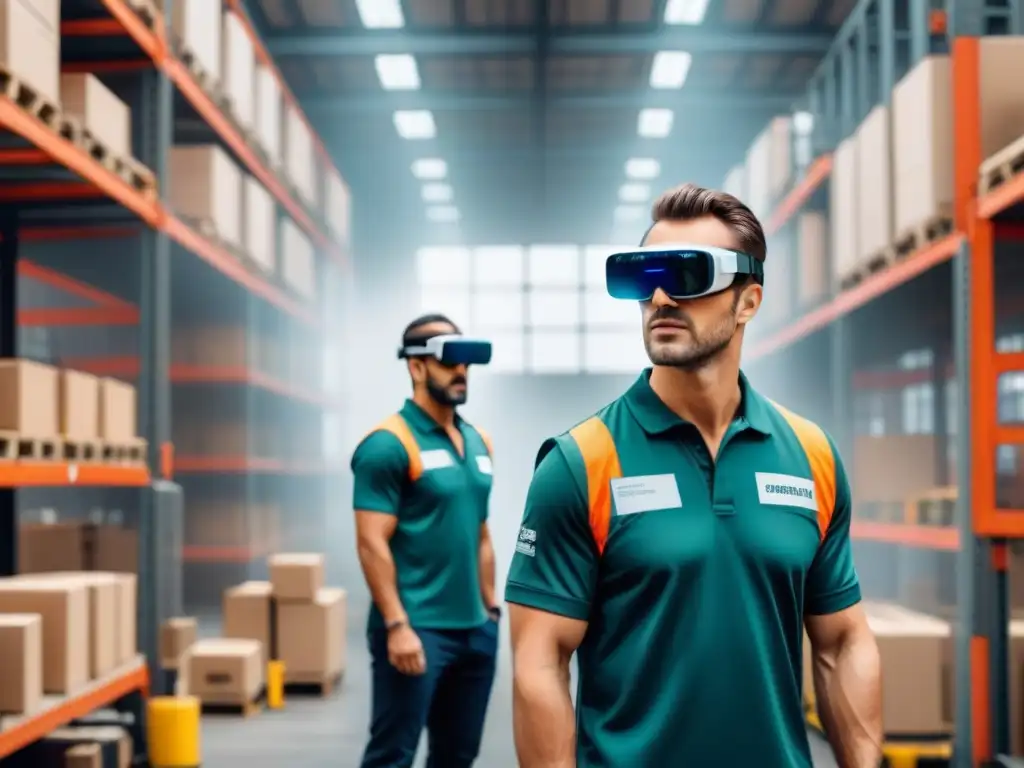 Almacén industrial futurista con trabajadores usando gafas de realidad aumentada para seguridad laboral prevención