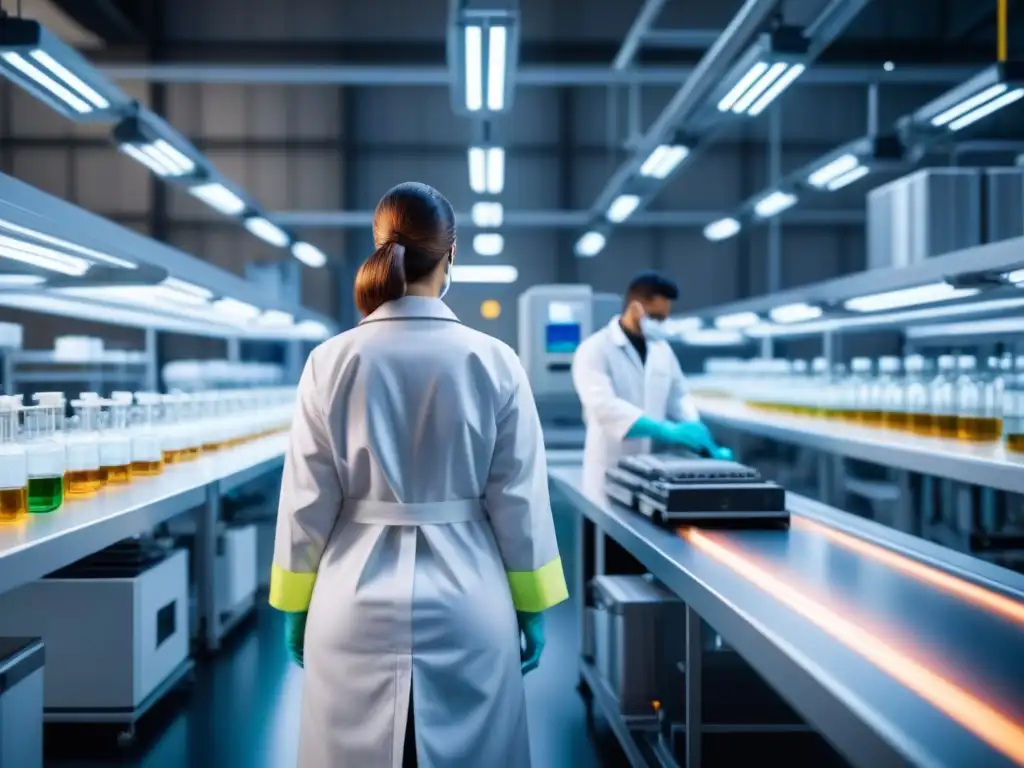 Instalación industrial moderna produciendo biopolímeros para empaquetado, con maquinaria futurista y trabajadores monitoreando el proceso