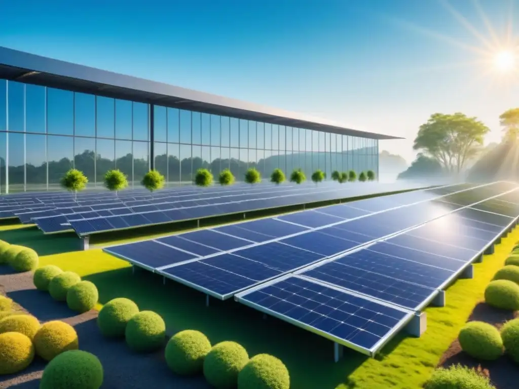 Instalación industrial moderna y eficiente con paneles solares en el techo, rodeada de naturaleza y cielos despejados