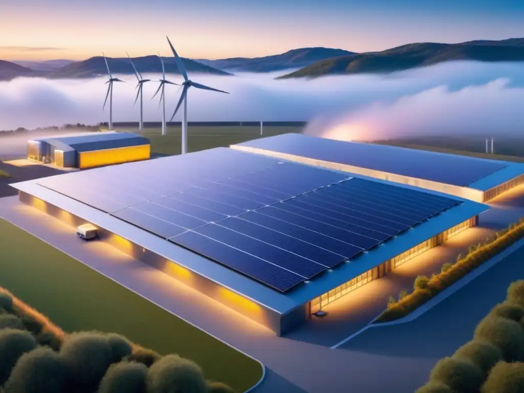 Instalación industrial moderna con energías renovables y almacenamiento energético integrado