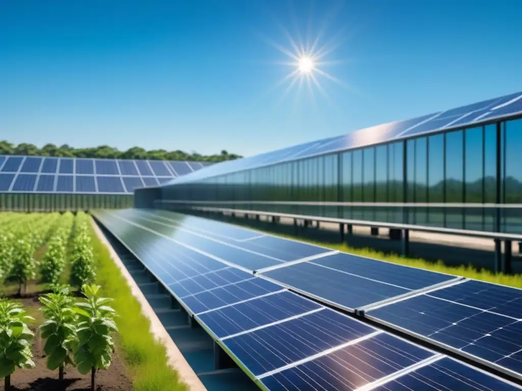 Instalación industrial moderna con paneles solares brillantes, rodeada de vegetación, cielos azules