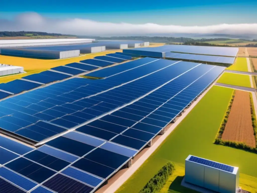 Instalación industrial moderna con paneles solares brillantes Instalación industrial moderna con paneles solares brillantes en el techo bajo un cielo azul