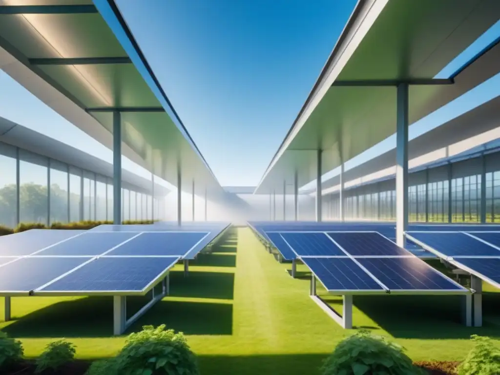 Instalación industrial moderna con paneles solares brillantes bajo el sol, rodeada de naturaleza y cielos azules