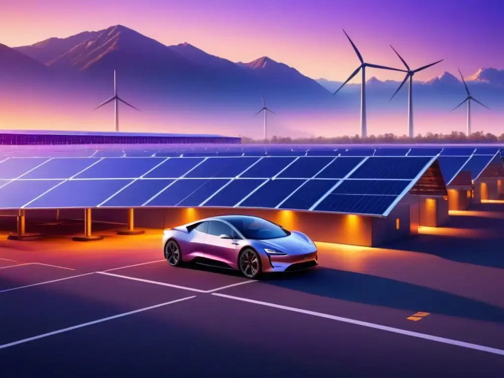 Instalación industrial moderna con paneles solares, turbinas eólicas y estaciones de carga para autos eléctricos al atardecer