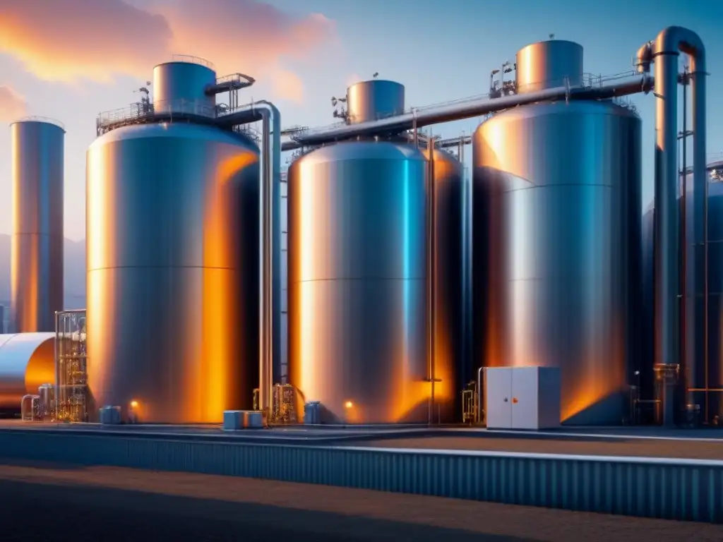 Instalación industrial moderna con tanques de almacenamiento térmico relucientes al sol, transmitiendo innovación