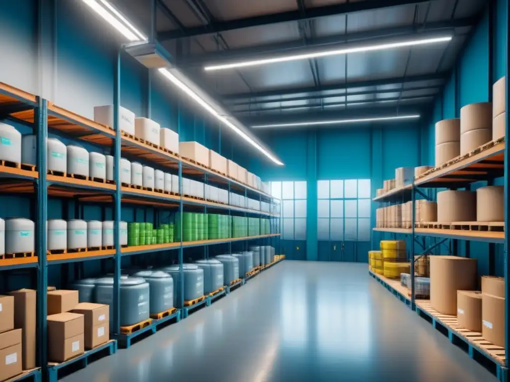 Almacén industrial ecoeficiente: diseño moderno y sostenible en 8k Almacén industrial moderno con químicos sostenibles y eficiencia en producción