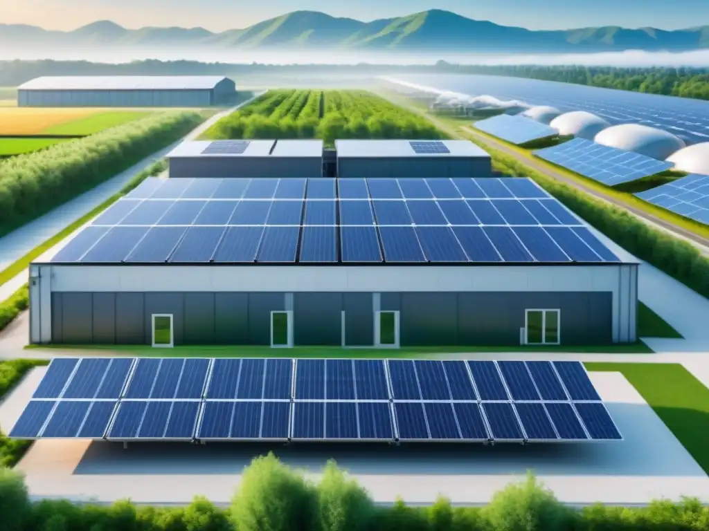 Instalación industrial con paneles solares y turbinas eólicas, rodeada de vegetación