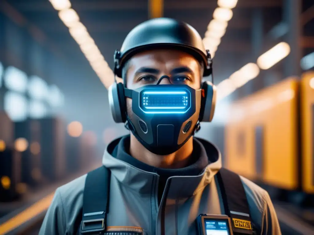 Wearables industriales para seguridad laboral: dispositivo futurista con sensores, pantalla digital y tecnología avanzada, usado en planta industrial