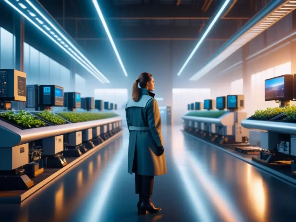 Gestión de la innovación en industrias: planta industrial futurista con tecnología avanzada y colaboración humana en un entorno limpio y luminoso