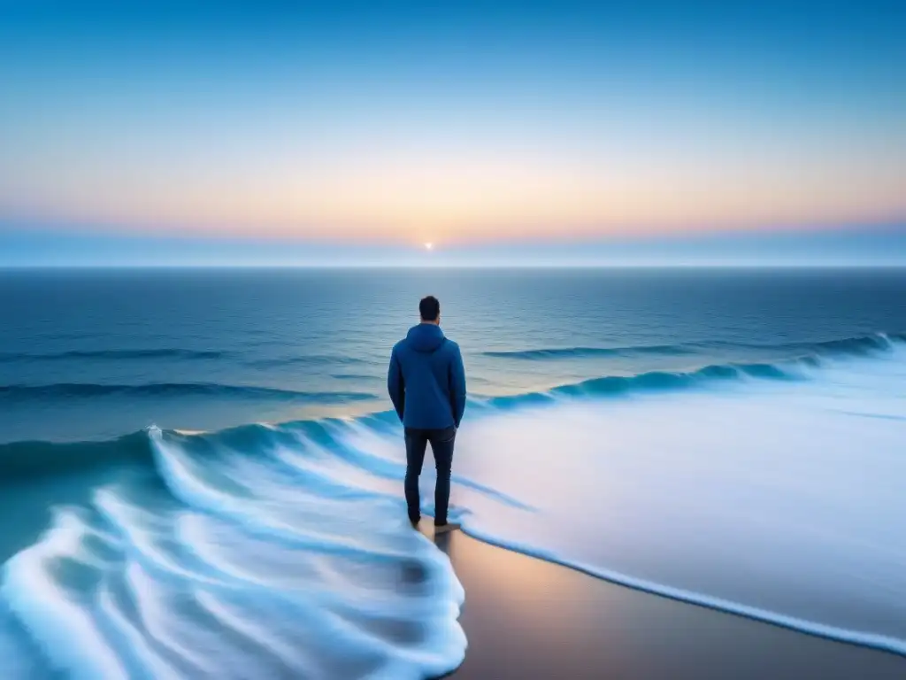 Un infinito mar azul se fusiona con un cielo claro en tonos suaves, simbolizando la energía azul del agua marina