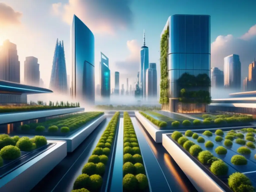 Implementación de infraestructura inteligente en ciudades sostenibles: ilustración minimalista de una futurista urbe conectada con edificios inteligentes y espacios verdes, simbolizando la integración perfecta de tecnología y naturaleza