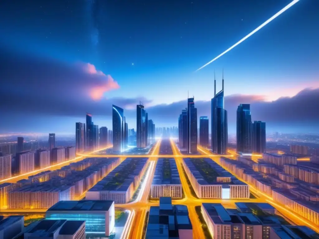 Implementación de infraestructura inteligente en ciudades sostenibles: Vista nocturna de una ciudad futurista y minimalista con edificios inteligentes iluminados y líneas brillantes interconectadas, destacando un desarrollo urbano inteligente y sostenible