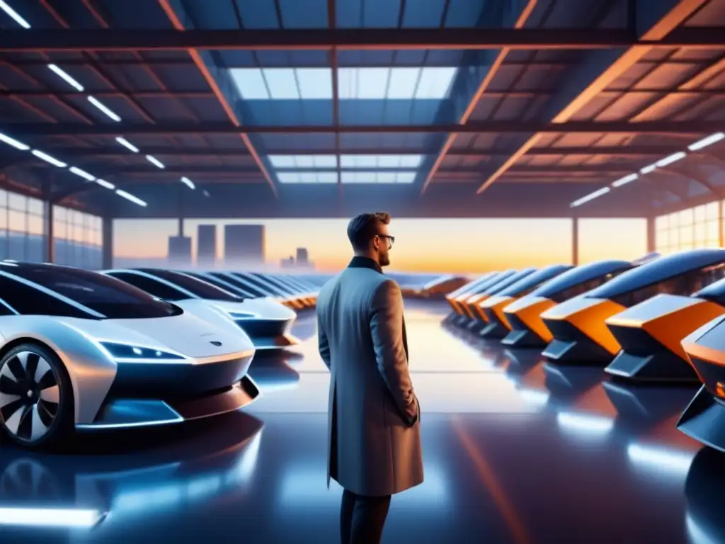 Ingenieros discuten en planta industrial futurista al atardecer con paneles solares, autos eléctricos y tecnología